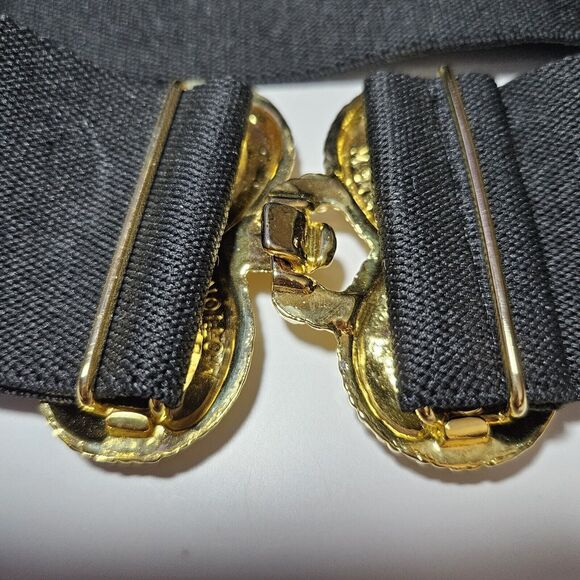 Vtg Black Elastic Stretch Belt Gold Tone Floral Clover Bow Knot Buckle Up To 31" - Picture 5 of 10